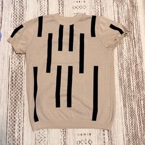 Men's Beige Short-Sleeve Sweater with Black Stripe Detail